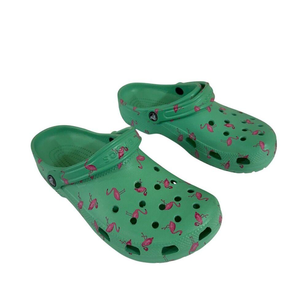 Crocs Pink Flamingos Womens 11 Mens 9 Classic Vacay Vibes Green Clogs READ
